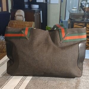 Authenti Gucci Web Sherry Line Shoulder Tote Bag Dark Gray And Black Canvas